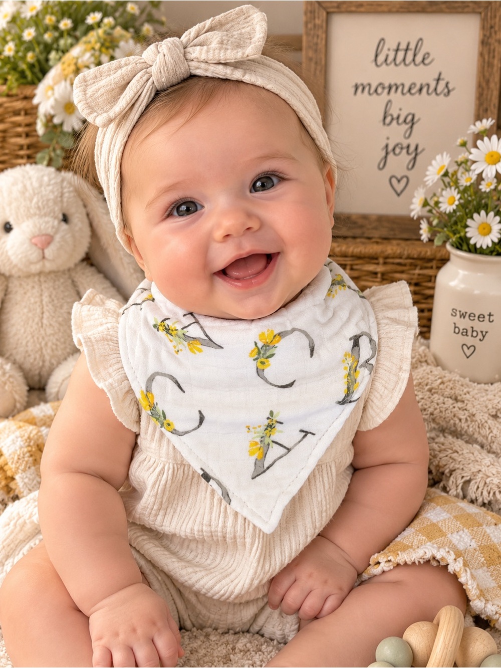 Bebe au Lait Floral Alphabet Deluxe Cotton Muslin Bandana Baby Bib NWT